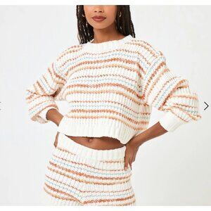 L SPACE Pismo Beach Chunky Knit Striped Sweater Cream Orange Blue Size Small